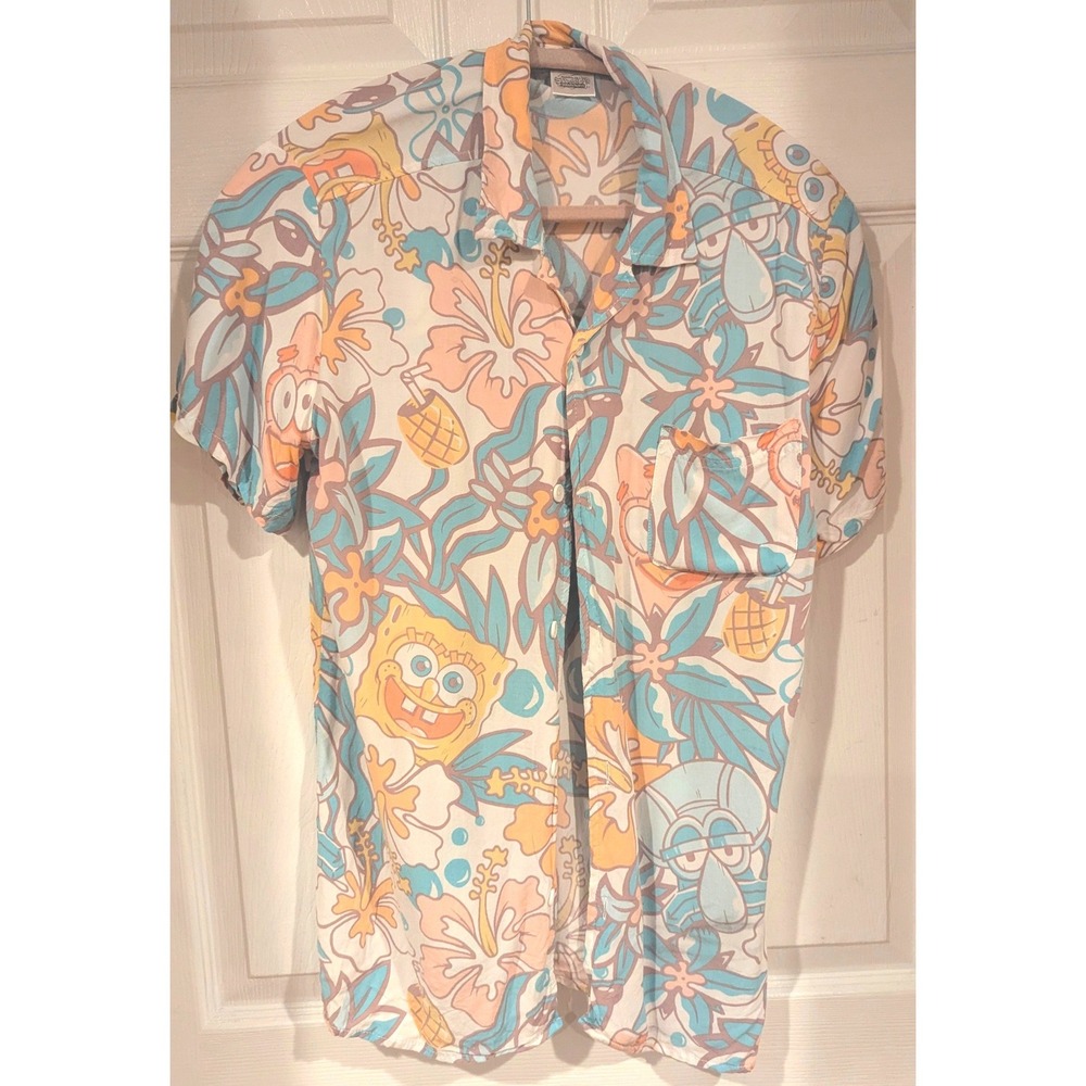 Nickelodeon SpongeBob SquarePants Shirt Small Pastel Tropical Hawaiian Rayon Top